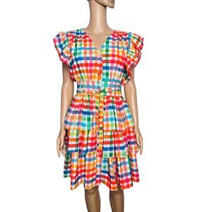 Beulah Style Ruffle Sleeve Gingham Tiered Dress size M